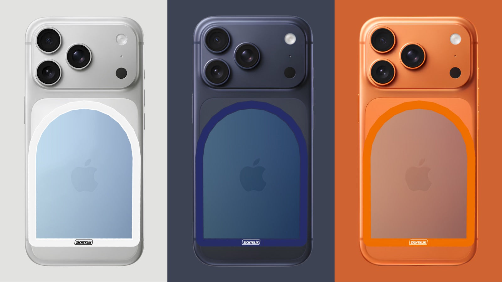 ZichtKlik in wit, blauw en oranje op drie iPhones